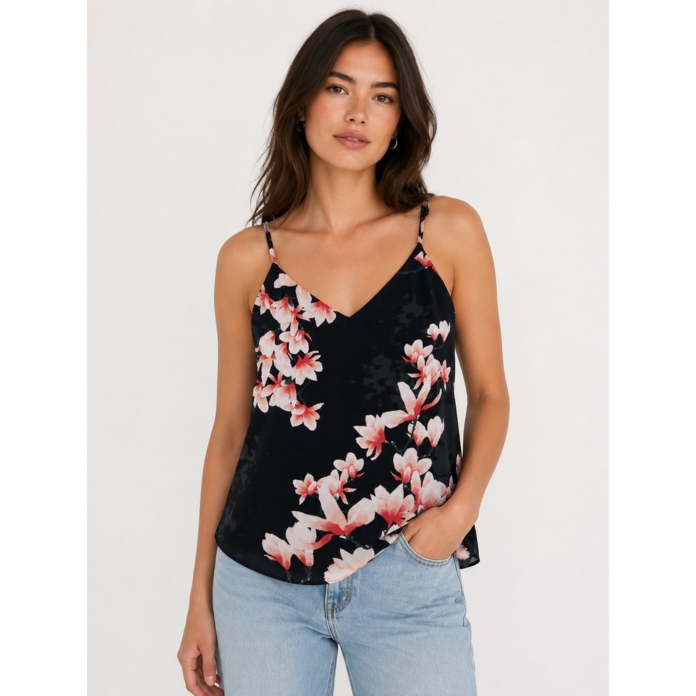 Babaton Galen Camisole Black Floral Magnolia Print V-Neck Tank Top Small Aritzia